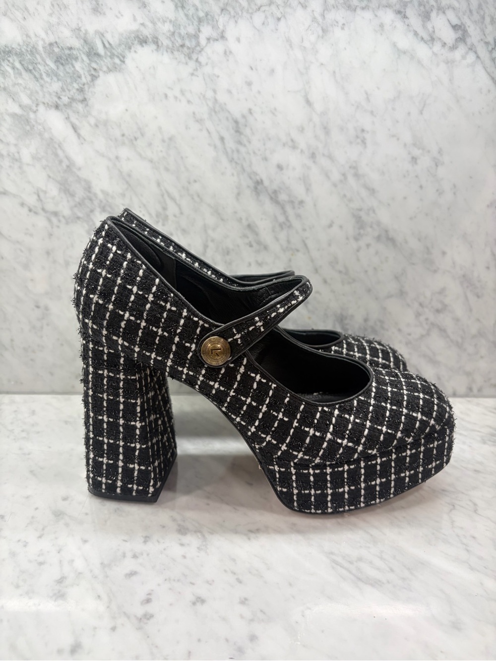 Larroudé Emma black tweed Mary Jane platform pumps heels size 10